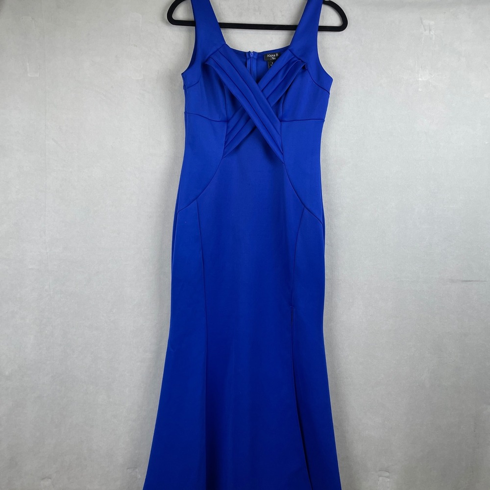 Alexa B Nites Neon Royal Blue Pleated Mermaid Maxi Dress HoCo Gala Elegant Sz 8